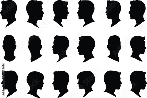 Human head silhouette, hairstyle variation, male and female profile, black vector avatar, diverse character design, side view, editable illustration, icon set