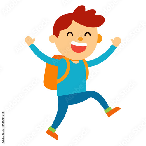 Cartoon Schoolboy Jumping for Joy with Backpack and Smiling Face Full of Excitement and Happiness