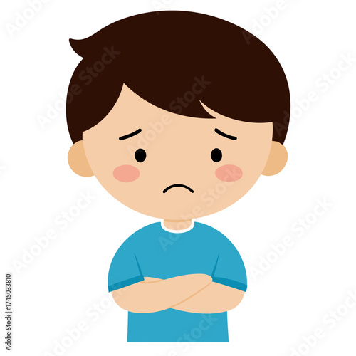 Sad cartoon boy with arms crossed feeling down and unhappy experiencing emotional distress