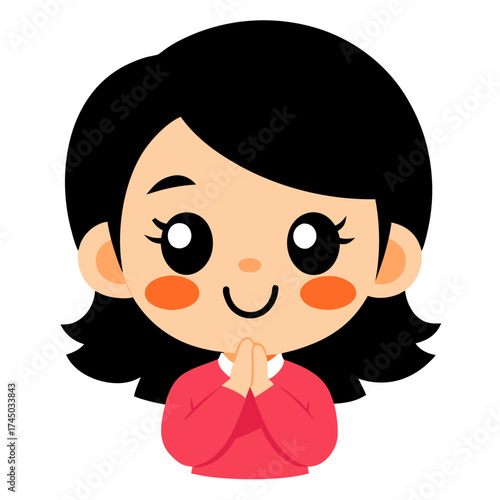 Cartoon Girl Illustration Expressing Gratitude or Greeting with Hands in Praying Position and Smiling Face