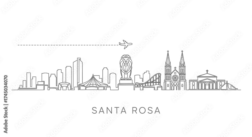 Fototapeta premium Santa Rosa Skyline with Lion Statue and Airplane