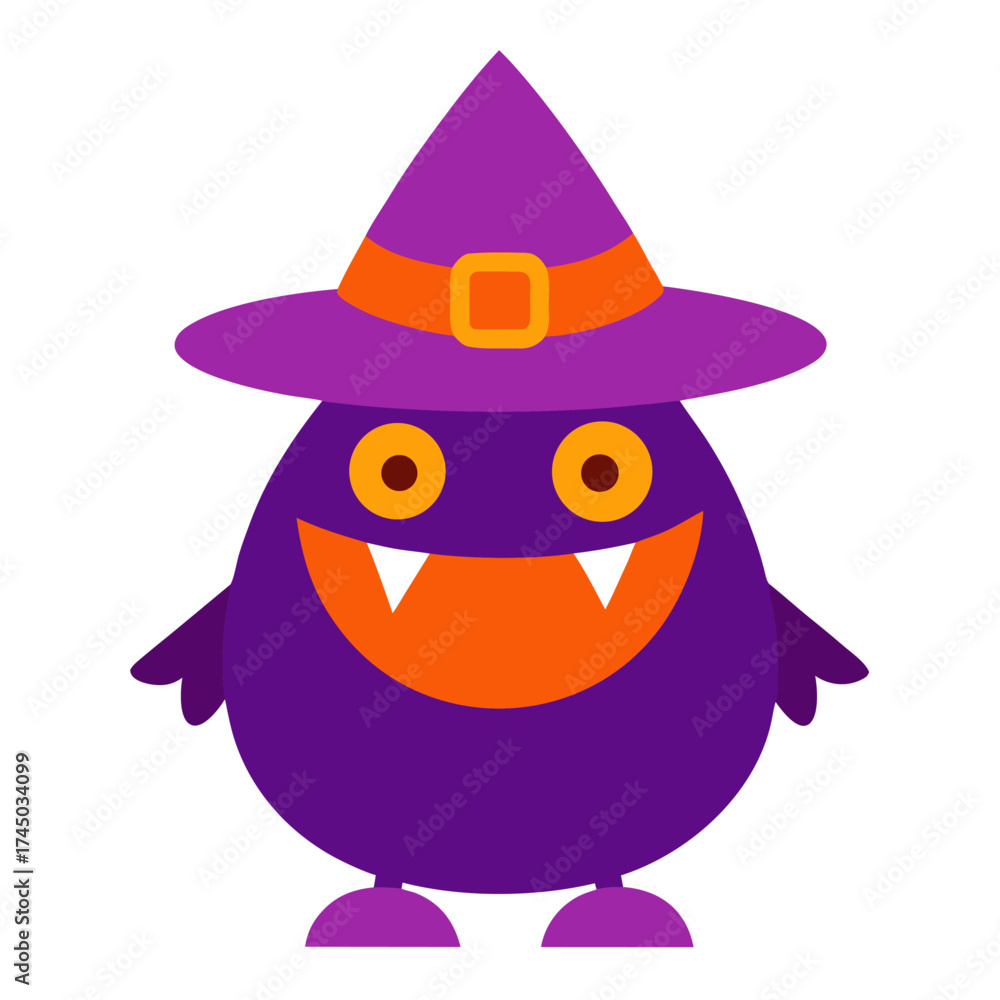 Fototapeta premium Cute Purple Halloween Monster with Witch Hat and Fangs Festive Spooky Character
