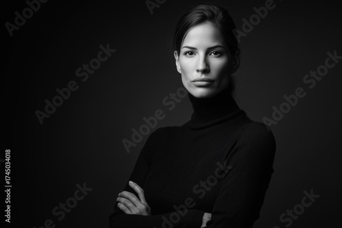 Elegant black and white portrait of woman in turtleneck on dark background
