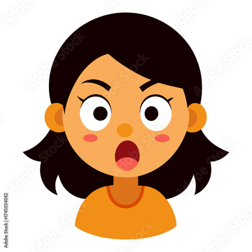 Surprised and shocked young woman with dark hair cartoon character illustration on white background in vector format