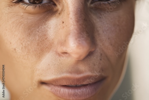 Intimate close-up portrait of woman with freckles and soft expression