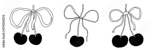 Cherry bow ribbon coquette design set. Hand drawn black and white doodle art vector illustration. Girly elements for wedding or Valentines day. Vector illustration