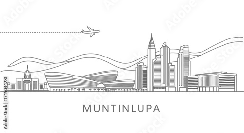 Muntinlupa City Skyline Outline with Airplane and Wavy Lines
