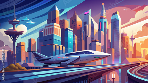 Very beautiful Futuristic cityscape with sleek architecture and a passing aircraft suggesting innovation and advanced technology. Ideal for projects about future, architecture, or urban development.