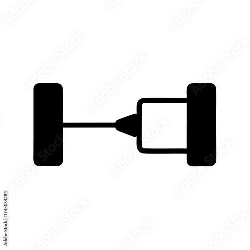 Simplified black and white drawing representing a car axle assembly with wheels