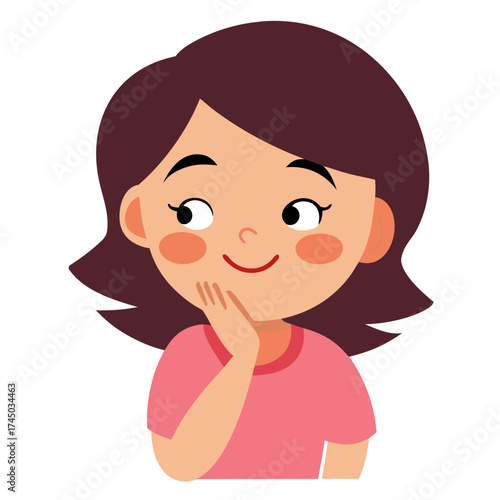 Cartoon girl thinking or pondering with hand on her chin in a thoughtful expression isolated illustration