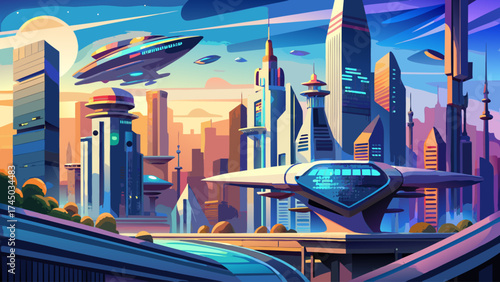 Very beautiful Futuristic cityscape with sleek architecture and a passing aircraft suggesting innovation and advanced technology. Ideal for projects about future, architecture, or urban development.