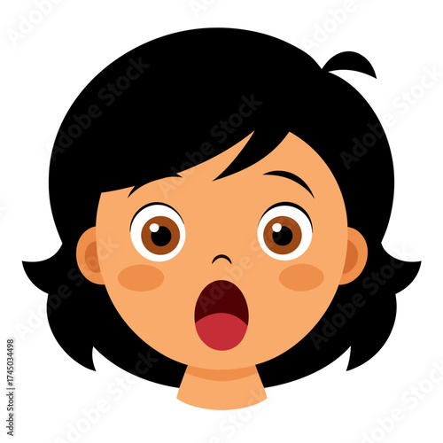 Excited or Surprised Cartoon Girl with Black Hair and Brown Eyes Expressing Shock and Awe