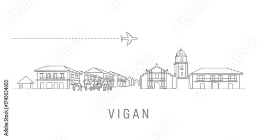 Vigan Philippines Cityscape Line Art with Airplane and Kalesa