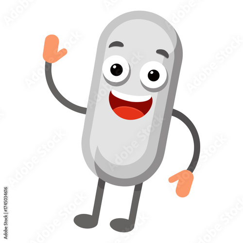 Happy pill capsule character waving hello a whimsical medical illustration for health awareness and cheerful recovery