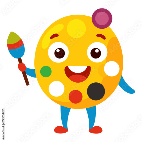 Cartoon artist palette character with smiling face and paintbrush artistic creativity illustration