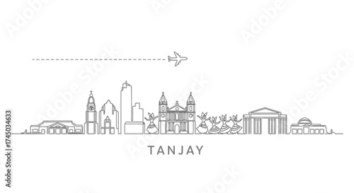 Tanjay City Skyline and Airplane Line Art