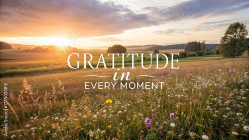 Serene Sunrise Over Peaceful Meadow with Wildflowers and Inspirational Quote about Gratitude in Every Moment