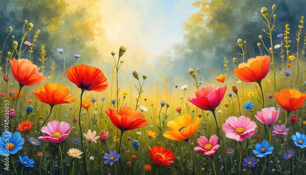 Obraz premium Vibrant colorful flowers bloom in rich green meadow. Poppies and daisies stand tall amidst mix of wildflowers. Scene is set against backdrop of sunny sky with trees. Painting is done in oil style.