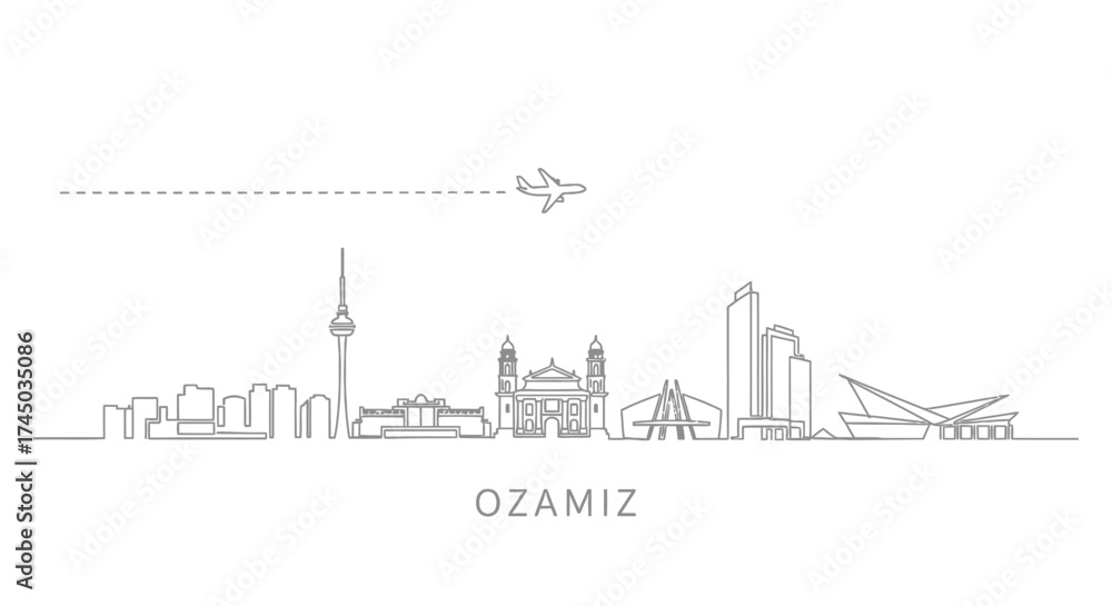 Naklejka premium Ozamiz City Skyline Line Art with Airplane
