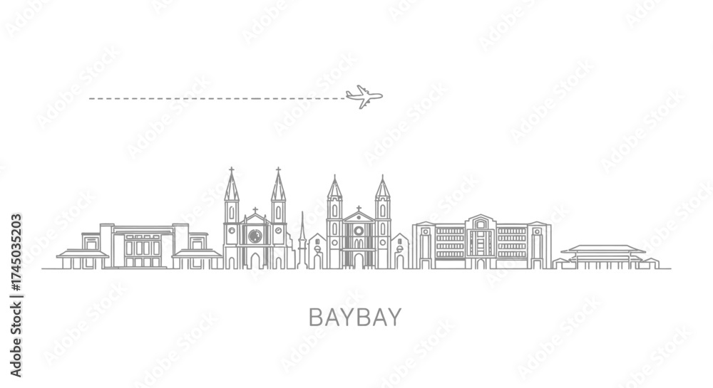 Fototapeta premium Minimalist City Skyline with Airplane Icon and Text