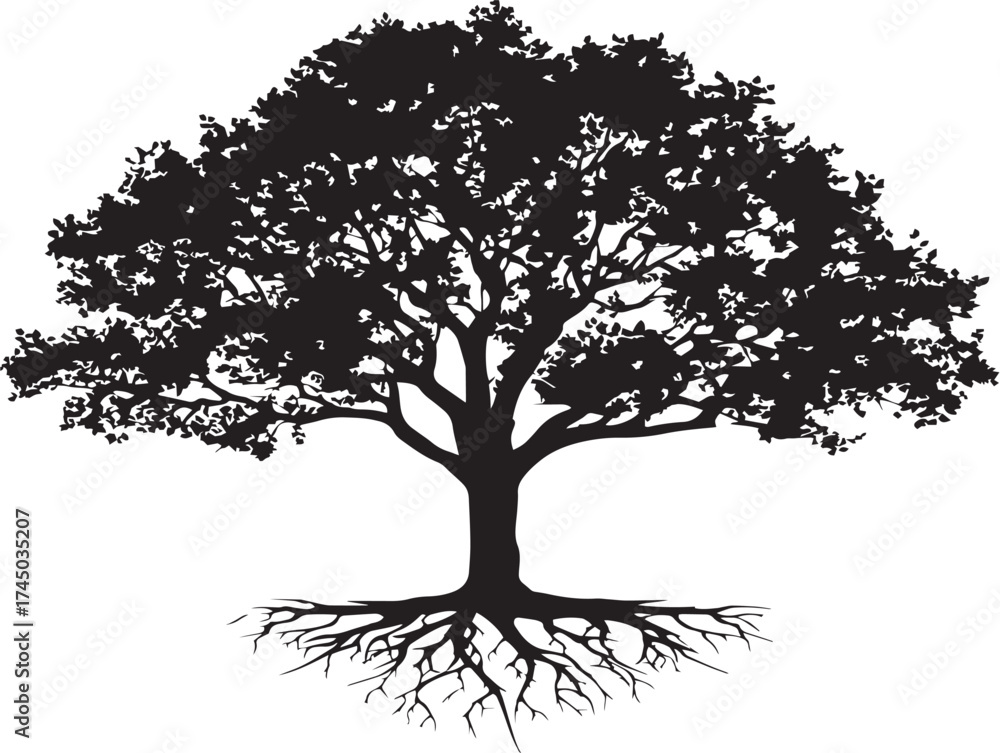 Fototapeta premium Detailed Summer Tree With Roots Illustration 2D Vector Artwork