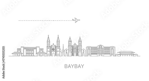 Minimalist City Skyline with Airplane Icon and Text