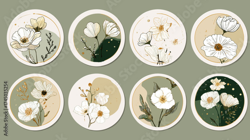 Modern Korean Floral Circle Sticker Set in Pastel Green and Beige Tones
