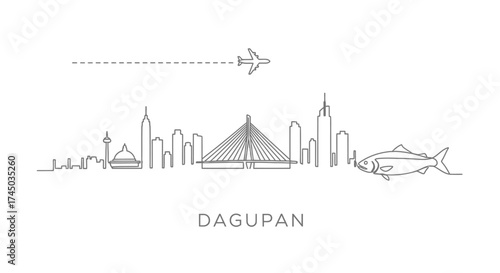 Dagupan City Skyline with Airplane and Fish Icon