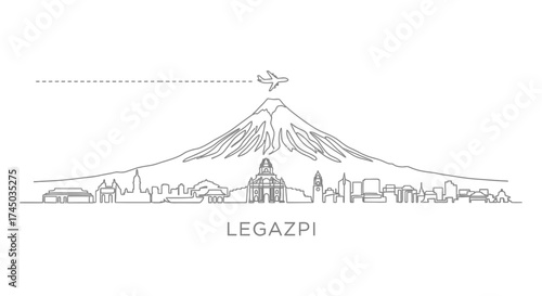 Legazpi City Skyline with Mayon Volcano and Airplane