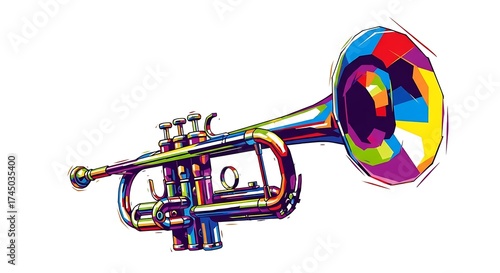 Vibrant Geometric Pop Art Trumpet Illustration Isolated on White