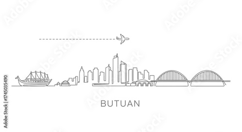 Butuan City Skyline with Sailboat and Airplane Line Art