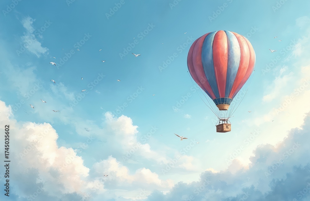 Fototapeta premium Red, blue striped hot air balloon floats high in clear blue sky. White clouds drift peacefully below, around big flying balloon. Birds soar freely nearby serene scenic view. Shows peaceful air
