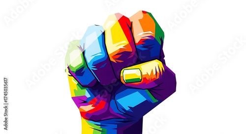 Colorful Geometric Raised Fist Symbolizing Power, Unity, and Diversity in Pop Art Style