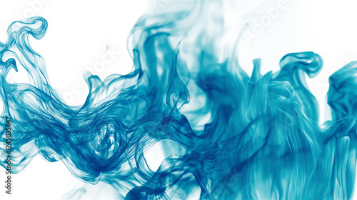 Elegant blue ink swirls in water creating abstract fluid art. Graceful liquid motion forming cloud-like shapes against white background with contrasting tones of aqua creating dramatic effect.