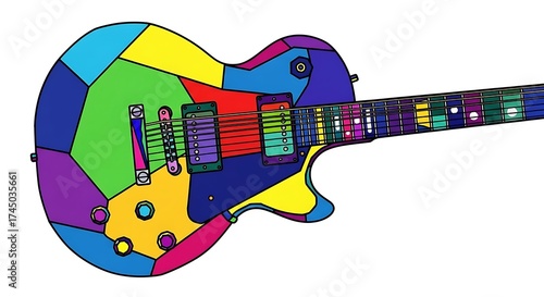 Vibrant Geometric Abstract Electric Guitar Illustration. Modern Pop Art Style Musical Instrument Isolated on White Background.