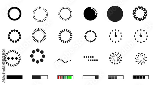 Vector collection of various loading icons progress indicators and graphic elements