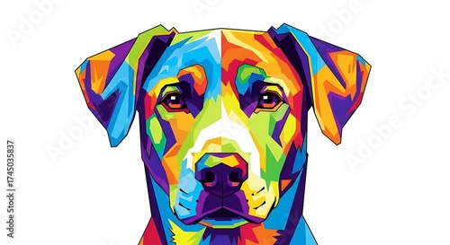 Vibrant Pop Art Dog Portrait with Geometric Shapes and Bright Colors