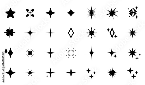 Vector collection of various black starburst and star shapes arranged in a grid pattern