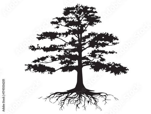 Majestic Swamp Cypress Tree Silhouette 2D Vector Line Artwork