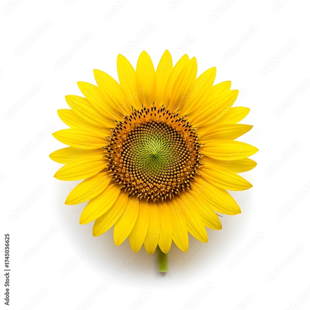 Fototapeta premium Bright yellow sunflower head with green and brown center disc florets, viewed from above, isolated on a clean white background.
