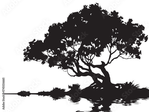 Bild auf Leinwand Swamp Mangrove Tree Silhouette 2D Vector Line Art Illustration