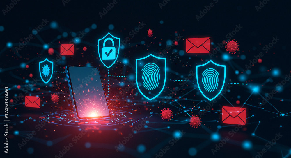 Fototapeta premium Mobile phone security and data protection concept with fingerprint, lock, and email icons, digital privacy