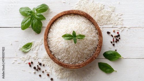 Wallpaper Mural Wooden bowl filled with rice, garnished with fresh basil leaves and peppercorns. The rice is bright white and the basil is vibrant green. Torontodigital.ca