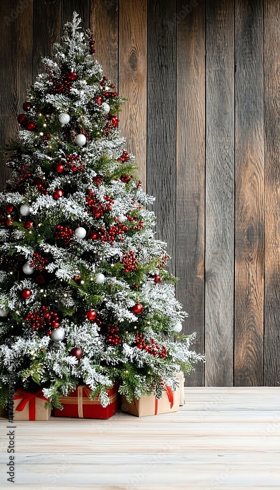 Fototapeta premium Charming Indoor Holiday Scene with Snow-Dusted Christmas Tree and Beautifully Wrapped Presents.