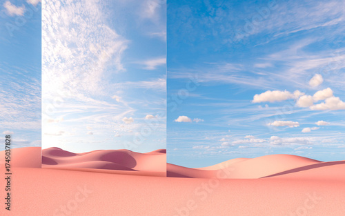 Large mirror wall reflecting desert sky and pink sand dunes, 3d rendering