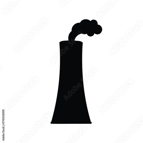 Black Silhouette of a Factory Chimney with Smoke Emission on White Background