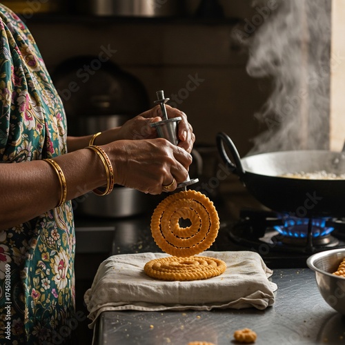 Indian woman traditionally making homemade chakli spiral snacks for Deepavali celebration in a rustic kitchen.