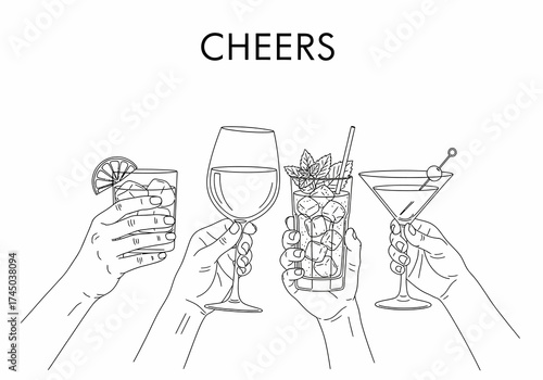 Elegant vector line art illustration depicting multiple hands raising various beverage glasses in a celebratory toast, perfect for design elements