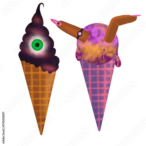 Ice cream for Halloween. Designer holiday ice cream. Watercolor illustration using pastel crayons and colored pencils