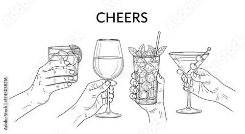 Vector line art illustration showcasing diverse hands toasting with various beverages, symbolizing celebration, friendship, and joyful social gatherings